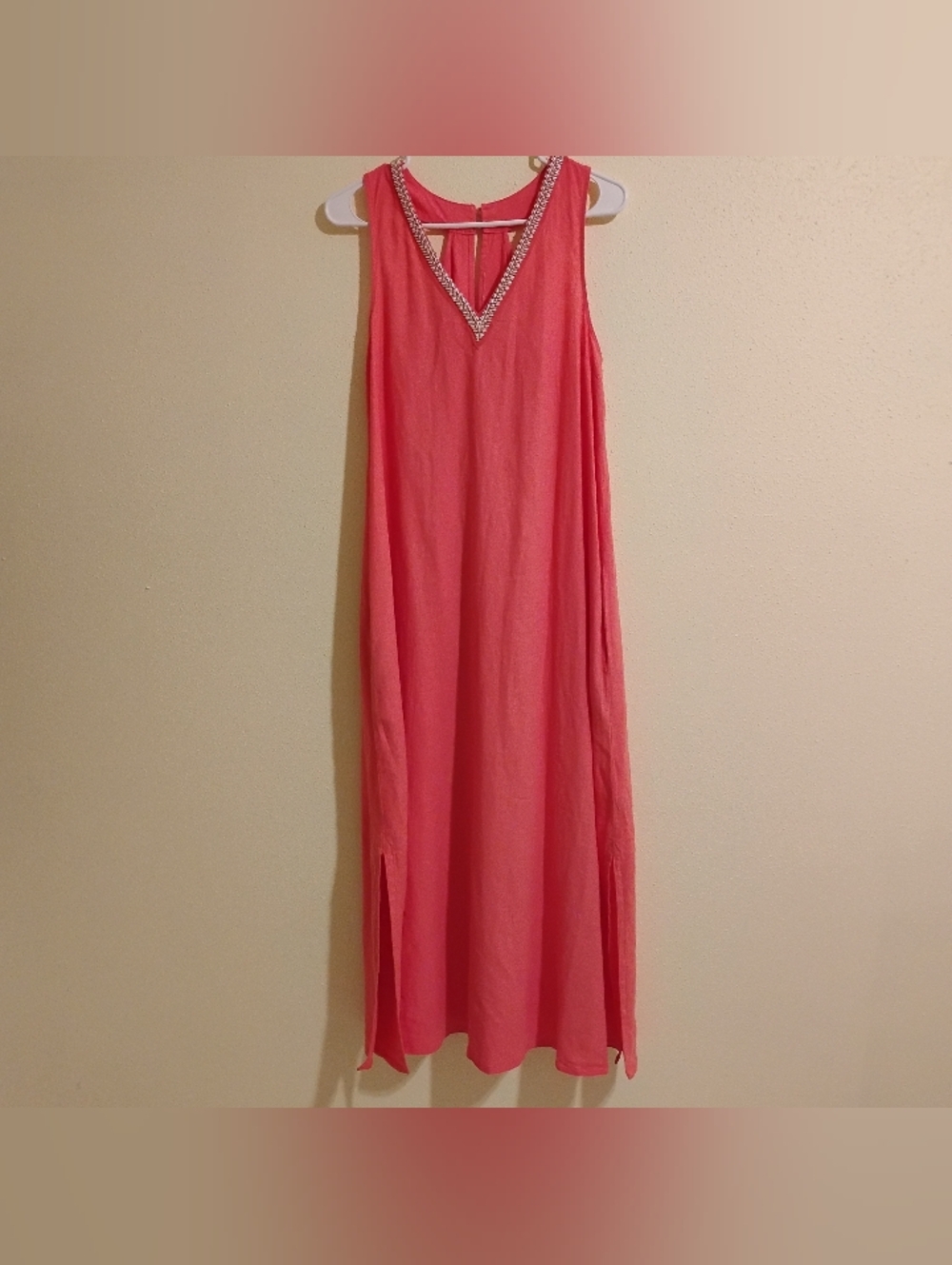 Coral Sleeveless Maxi Dress with Beaded V-Neck